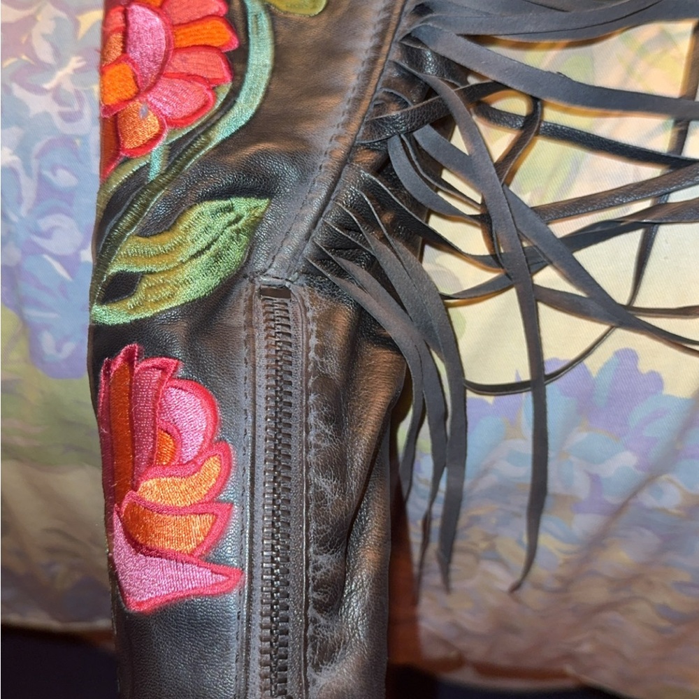Free People Embroidered Black Leather Moto Jacket with Fringe - Floral Detail - Picture 5 of 17